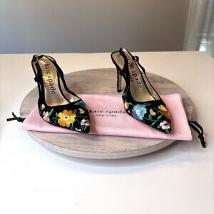 NEW Kate Spade Valerie Heels Size 7 Black Floral Embroidered Stiletto Slingbacks